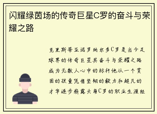 闪耀绿茵场的传奇巨星C罗的奋斗与荣耀之路